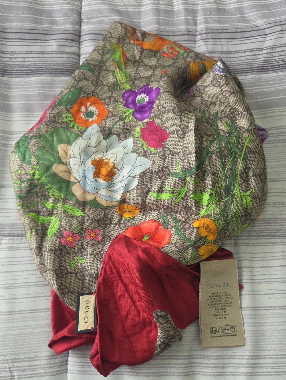 Gucci Brown Monogram Floral Silk Scarf with Red Accent